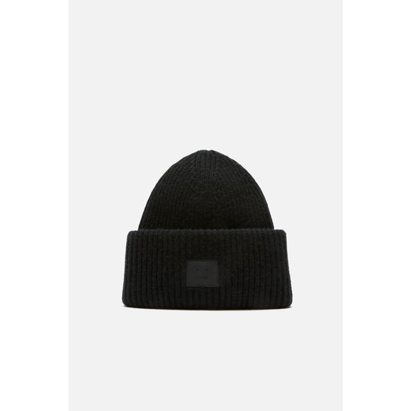 Acne Studios Large Face Beanie Black Wool Logo Patch One Size Pre-Owned